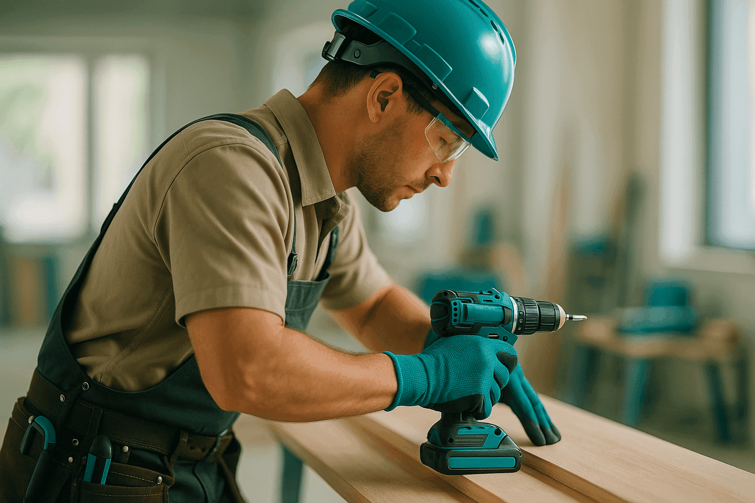 Professional handyman wearing safety gear using cordless drill at clean job site